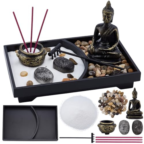 WEBEEDY Kit de Jardin Zen DIY Japonais pour Méditation de Bureau Incluant Statue de Bouddha Brûleur D'Encens Sable Pierres et Râteau pour la Décoration Zen du Bureau à Domicile 22.5x15cm