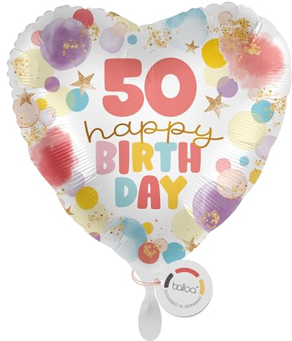 balloa Folienballon Happy Birthday Zahl 50, Geschenk zum 50. Geburtstag, Herzballon bunt mit Punkten und Sternen, Helium Ballon Luftballon geeignet, Partydeko Geburtstagsdekoration, 33cm