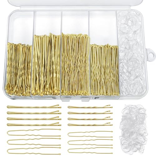 460 Teiliges Haarnadeln und Haargummis Set, 220 Bobby Pins-2 Größen und 240 Haargummis mit Aufbewahrungsbox für Frauen Mädchen Hochzeitsfrisuren (Gold)