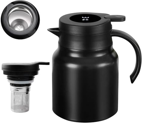 Thermos Flask 1 Litre with Tea Strainer and Temperature Display, Insulated Jug Made of 316 Stainless Steel, Double Wall, Well Sealed Without Leak, Coffee Pot, Thermal Teapot, Ideal for Tea, Coffee and