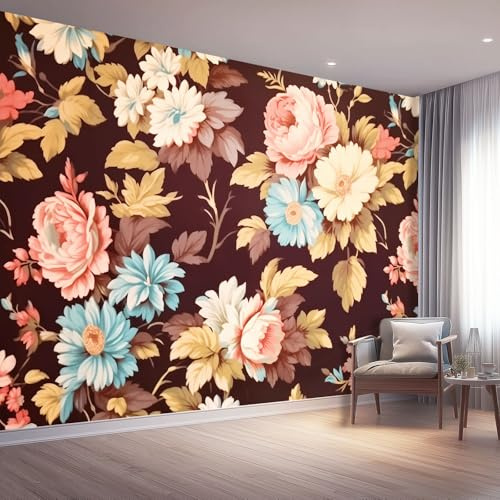 Large Wall Murals for Living Room, Retro American Style Peonies Chrysanthemums Wallpaper, Brown TV Backdrop Mural, Non-Woven Wall Decor for Home Bedroom Children's Room, 200 x 140 cm