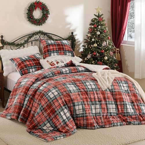 Weihnachts Bettwäsche 135x200 Biber Flauschige Flanell Winter Bettwäsche | ÖKO-TEX Zertifiziert,Rot Kariert Gitter Muster,Bettwäsche für Allergiker,Bettbezug mit Reißverschluss 1 Kissenbezug 80x80 cm