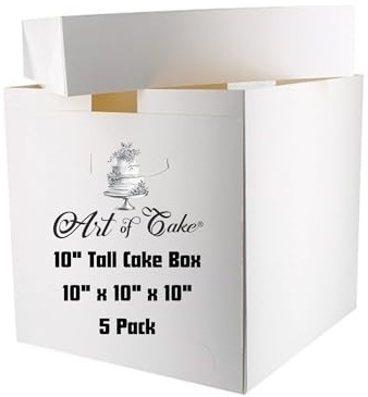 Art of Cake® Premium Tall Cake Box with Lid - Pack of 5-10 x 10 x 10 Inch (254 x 254 x 254mm) - Extra High Box for Tiered Decorated Birthday Wedding Celebration Cakes - Easy Assembly
