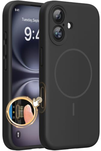Miracase for iPhone 16 Case with MagSafe, Liquid Silicone Case Black | [Soft Anti-Scratch Microfiber Lining], Magnetic Shockproof Drop Protection Phone Case for 16, Black