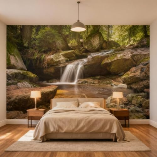 Sunny Graphics Print Forest Waterfall Photo Wallpaper Mural Nature Wall Covering with Rocks Trees Sunlight for Spa Lounge Bedroom Living Room Decoration Poster
