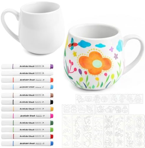guobinZH Pintar Taza para Adultos Taza para Pintar DIY Cerámica Kit-420 ML | Incluye 2 Tazas de Cerámica Blanco y 12 Rotuladores Colores Creativo para Taza para Niños Adultos Regalos de Cumpleaños Bodas
