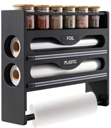 Frischhaltefolie Abroller Holz, 35.6×28.4×8cm Folienspender mit Cutter, 3 in 1 Frischhaltefolienspender, Wandrollenhalter Küche 3-in-1 für Küche Wandmontage, Holz Schwarz