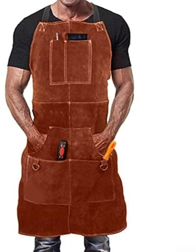 Hosrivae Delantal de soldadura de cuero resistente para hombre, 1,4 mm, resistente al calor, con 6 bolsillos, color marrón, 61 x 91 cm