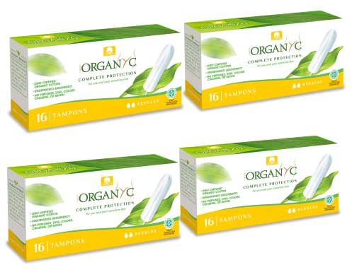 Organ(y)c, Tampons aus 100% zertifizierter Bio-Baumwolle für normale Tage - 4 Packungen zu je 16 Stück (Insgesamt 64 Stück)
