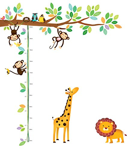 Decowall DW-1402 3 Affen Zweig Baum Höhentabelle Waldtiere Tiere Wandtattoo Wandsticker Wandaufkleber Wanddeko für Wohnzimmer Schlafzimmer Kinderzimmer