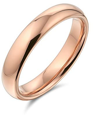 Bling Jewelry Anillo de boda de titanio para parejas, simple, delgado, cúpula, chapado en oro rosa pulido, para hombres y mujeres, ajuste cómodo de 4MM.