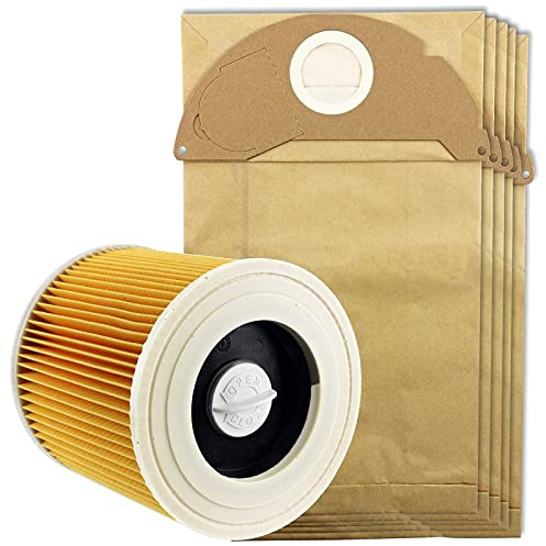 SPARES2GO Wet & Dry Cartridge Filter + Dust Bags compatible with Karcher MV2 IPX4 Vacuum Cleaner (Filter + 5 Bags)