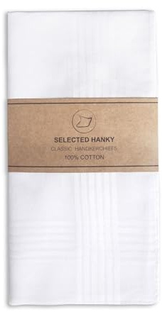 Selected Hanky Men's Handkerchiefs,100% Soft Cotton,White Classic Hankie Pack of 12