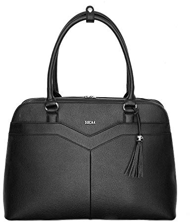 Socha Laptoptasche Damen/Businesstasche Frauen/Notebooktasche mit Tragegurt - Elegant - Extra leichte Synthetik - Couture V Black - 15.6 Zoll Schwarz