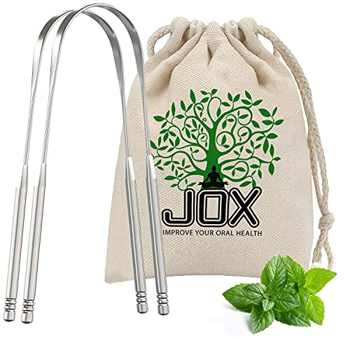 JOX Tongue Scraper Naturally Anti-Microbial - 100% Stainless Steel Tongue scrapers Tongue Care Tool Best Metal Tongue Cleaner and Bad Breath for Adults Oral Hygiene Includes 1 Cotton Bag (2)