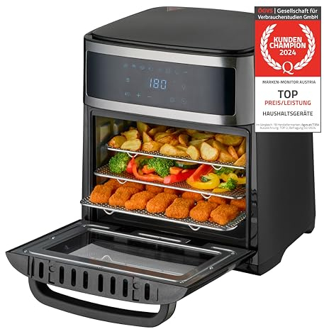 TZS First Austria Air Fryer Oven 13L | Digitalsteuerung | 8 Programme | Rotisserie | Innenbeleuchtung | 1700W | Verzinkter Garraum | 4 Einschubebenen