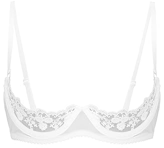 FEESHOW Women's Sheer Lace Cupless Lingerie Underwired Shelf Bras Bare Exposed Breast Push Up Bra Tops White XL