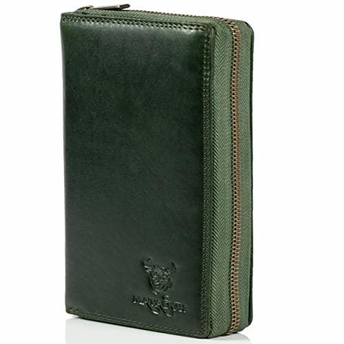 MATADOR Leder Geldbörse Damen Grün Groß #GIRONA mit Geschenk Verpackung, Luxus RFID Geldtasche Damen Gross, Geldbeutel Frauen Viele Fächer, Leder Brieftasche, Edles Portemonnaie Grün