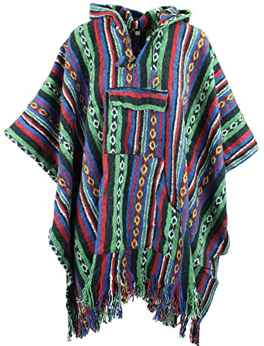 TPFBazaar poncho med huva vävd borstad bomull med stor ficka, 11 grön röd svart, en storlek