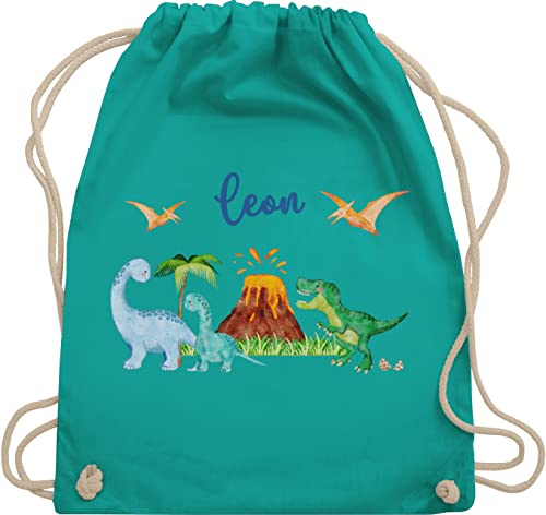Turnbeutel Rucksack - Geschenk Dinosaurier personalisiert mit Name I Dino I Dinos - Unisize - Türkis - sportbeutel junge kita beutel für wechselwäsche tier trex turnsack kindergartentasche jungen