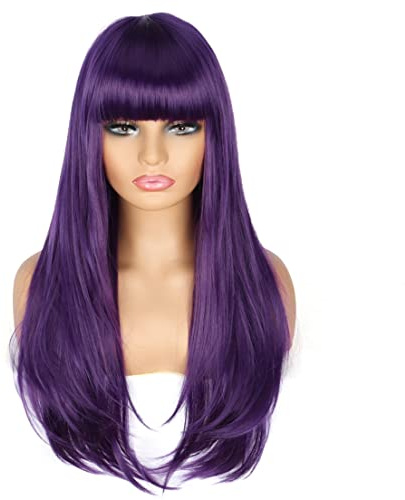 PORSMEER 28 tum/70 cm, lång lila peruk med lugg, för kvinnor, utklädnad, slätt, värmebeständigt syntetiskt hår, naturlig peruk för halloween, cosplay, utklädning