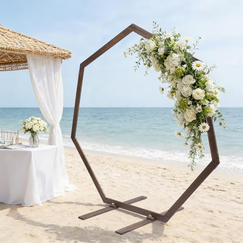 Hochzeitsbogen Holz 2.4M, Siebeneckiger Holzbogen Ballon Bogen Traubogen Hochzeit Hintergrund Stand für Geburtstagsfeier, Hochzeit, Gartendekoration