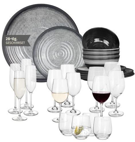 Vaisselle de camping en mélamine pour 4 personnes Gris pierre + 16 verres Tiamo verres à eau, vin et champagne
