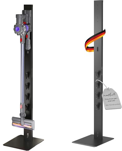 PureMounts Staubsaugerständer Standfuß für Dyson V6–V15 & Gen5, schwarz | Freistehender Bodenständer mit Zubehörhalter und Platz für Saugroboter, kompatibler Staubsauger & Zubehörteile