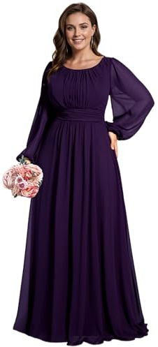 Ever-Pretty Vestito da Sera Donna Lungo Cintura Rotondo Manica Lunga Elegante Abiti da Cerimonia ES0106B Viola Scuro 36