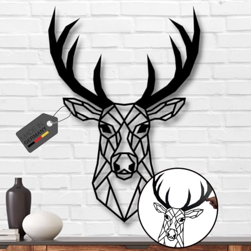 Terma Stahldesign Wanddeko Hirschkopf Geometrisch XXL Schwarz Made in Germany Hirsch Deko Metall Bilder Wand Bild Hirschkopf Deko Wohnzimmer Schlafzimmer Wandtattoo Hirsch Kopf industrial stierkopf