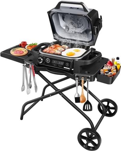 GFTIME Grill Stand for Ninja OG701, Traeger Ranger, Pit Boss, Blackstone Griddle - Collapsible Outdoor Grill Cart with Side Table Shelf, Hooks, and Wheels
