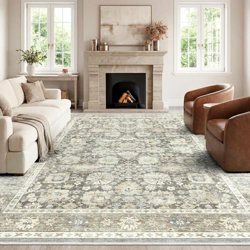 HOMFINE 120x170cm Grey Vintage Washable Area Rug for Bedroom Living Room