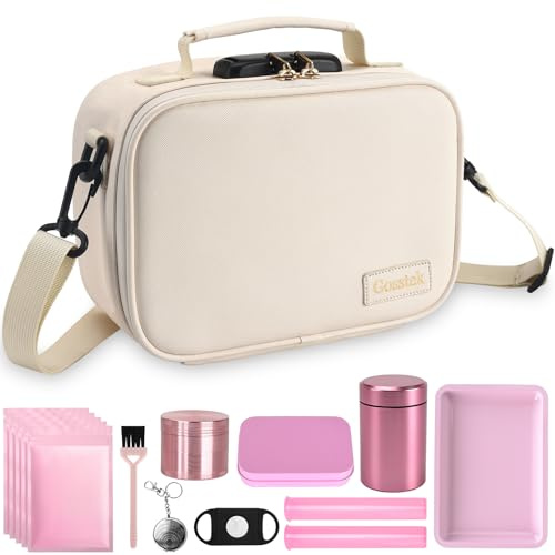 Gosstek PU Leather Storage Bag Set with 10 PCS Accessories, Portable Organizers Box Case with Lock and Great Gift for Men & Women, Childproof Container Box 9 X 6 X 4 Inches (Beige)