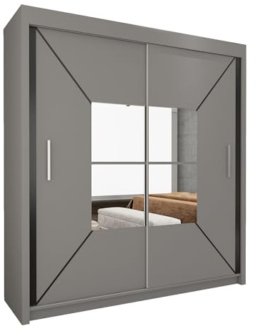 UK SLIDING WARDROBE Double Mirror Sliding Doors Wardrobe for Bedroom in Matt Finish with Multiple Shelves (GREY, 150cm)