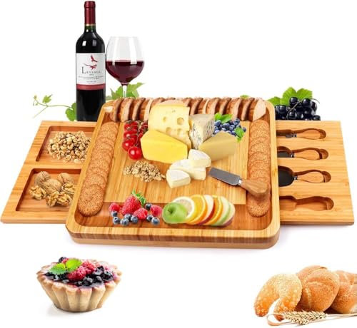 Bamboo Cheese Board, Charcuterie Board, Cheese Tray, Large Cheese Platter Cheese Knives and Snack Tray Set, Ideal for Christmas, Birthday, Party, Wedding, New Year, Housewarming Gift