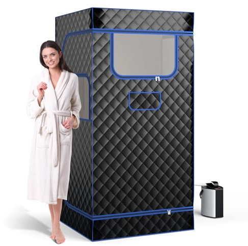 GYMAX Sauna da Casa, Kit di Sauna Personale con Sedia Pieghevole, Telecomando, Timer, Generatore di Vapore da 3L, Box Sauna per Una Persona, Tenda Sauna Portatile per Spa Casalinga (Nero)
