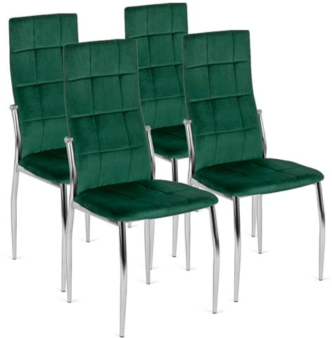 MEBEL ELITE Esszimmerstühle 4er Set – Weiche Stühle aus Velourstoff in Grün – Gepolsterte Stühle mit silbernen Metallbeinen – Moderne, Pflegeleichte Esszimmerstühle im eleganten Design