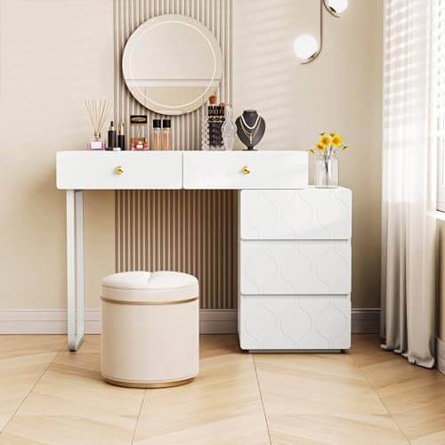 ModernLuxe Schminktisch Frisiertisch Kosmetiktisch-Set mit 5 Schubladen, Austauschbarem Design, Wellenmuster, Minimalistischer Stil, weiß, 90x40x73.5 cm (ohne Spiegel und Hocker)