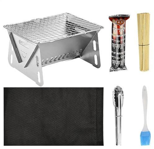 Klappbarer Holzkohlegrill,Klappbarer BBQ-Grill - Kleine Campinggrills aus Edelstahl,Inklusive Bürste, Clip, Stäbchen und Kohleblöcken, faltbarer Grill für Reisen, Hinterhof, Picknick,