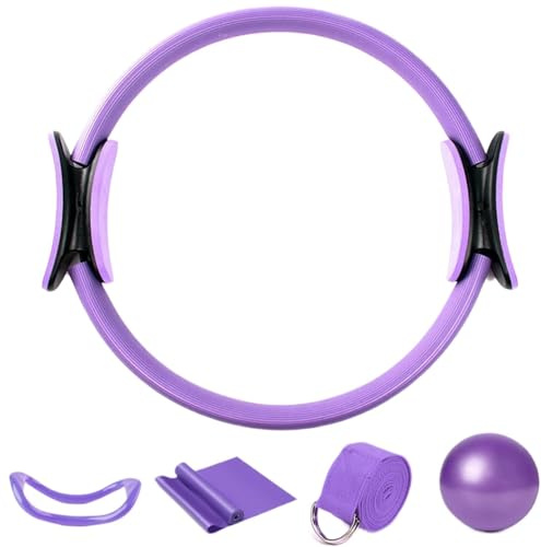 Pilates Ring Set, 5 Teilige Pilates Ring Kit, Pilates Set für Zuhause Enthalten Yogaball,Yoga Ring,Yoga Widerstandsring,Yoga Widerstandsband,Yoga Hilfsgürtel, Pilates Essential Kit (Violett)