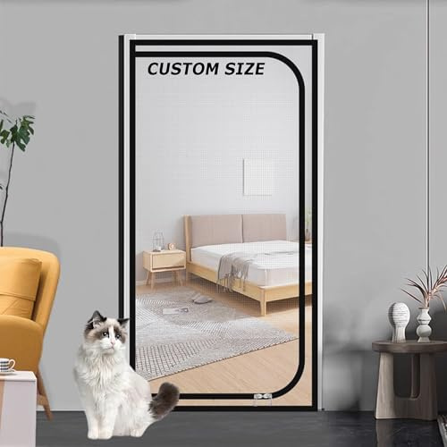XXIUDEE Custom Size Cat Screen Door Fly Screen Mesh for Living Room Bedroom | Custom Size, Self-Adhesive, Double Side Zipper, Partition Mesh for Cats Dogs, Keep Pets Indoor & Allow Fresh Air Flow