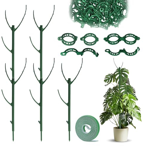 sanzkjic 5 Pack Adjustable Plant Support Stakes – Stackable Indoor Outdoor Supports with Clips for Climbing Plants, Tall Potted Plants & Monstera, Easy No-Tools Assembly for All Gardening Needs