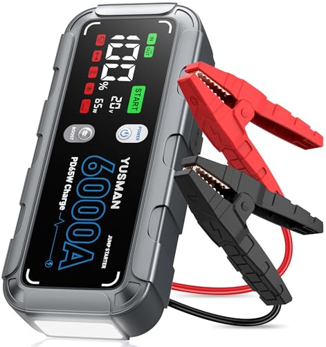 YUSMAN 6000A Starthilfe Powerbank für PKW | Schnellladung für alle Benzinmotoren & 12.0L Diesel | Multifunktions-LED + 65W USB-C PD