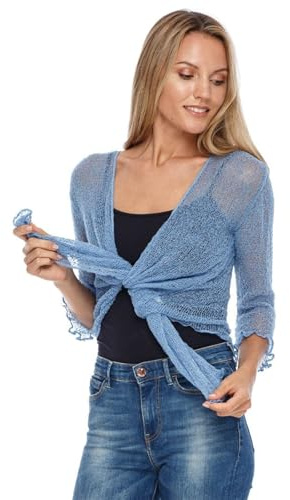 NetSetUK Women’s Fish Net Tie Up Shrug 3/4 Sleeve Fine Knitted Ladies Bolero Shrug Top Jacket Cardigan One Size Denim Blue