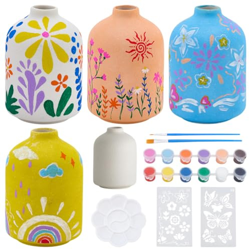 WEBEEDY 3 Ensemble de Peinture de Vases en Céramique pour Débutants Adultes : Vase en Céramique Blanc Non Peint avec des Pochoirs de Fleurs et Papillons. Peindre Brosses Décor à Palettes