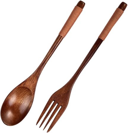 Juego de 2 cucharas y tenedores de madera, materiales naturales, diseño de mango largo para sopa, pastas, ensalada, accesorios de cocina sostenibles, juego de herramientas de cocina de madera