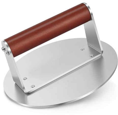 QiMan Pressa per hamburger, hamburger Patty, peso massimo con manico in legno, 16 cm, in acciaio inox, per griglia piatta, pressa per hamburger e spremiagrumi, facile da pulire