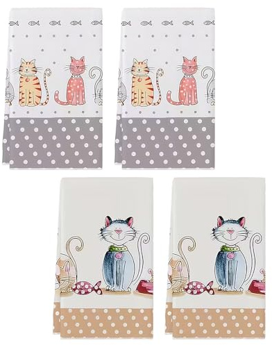 MOAZIFI 4er Set Geschirrtücher Baumwolle Katze, 40x60cm Saugstark, Lustige Katzen Motive Geschirrhandtücher, Küchentücher Geschenk für Katzenliebhaber, Dekorative Küchenhandtücher Trockentücher