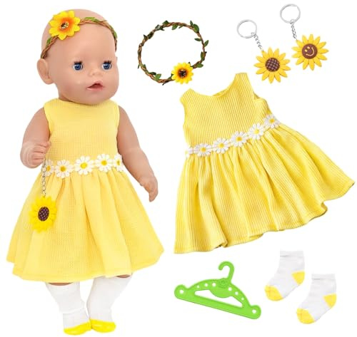 Puppenkleidung für 36-43 cm Baby Puppen，Puppen Kleidung Outfits mit 1 Kleid 1 Girlande 2 Sonnenblumen-Schlüsselanhängern 1 Socken 1 Kleiderbügel für 12-14 Zoll Baby Puppe Mädchen Geburtstag Geschenk