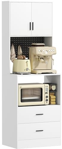 HOMCOM Meuble à micro-ondes avec placard, plan de travail, meuble de cuisine avec 2 tiroirs, panneau en métal, 4 crochets, étagère réglable pour cuisine, salle à manger, salon, blanc